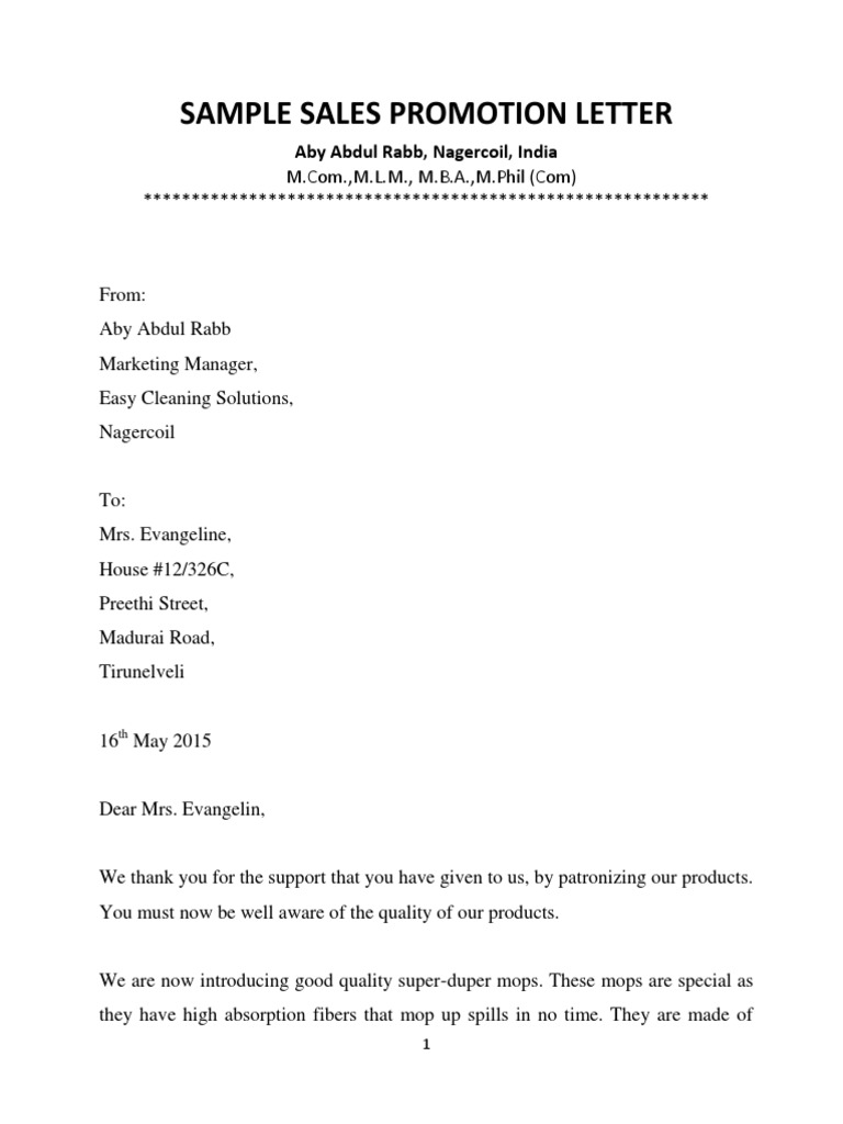 Sample Sales Promotion Letter: Aby Abdul Rabb, Nagercoil, India