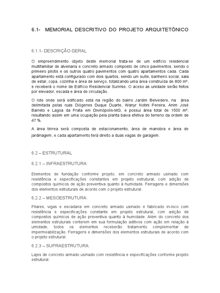 Memorial DescritivMEMORIAL DESCRITIVO ARQUITETÔNICO | PDF | Argamassa ...