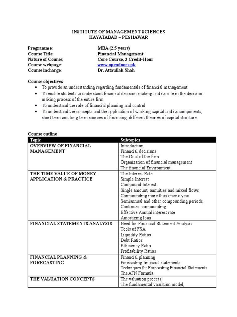 Financial Management Course Outline | PDF | Valuation (Finance) | Interest