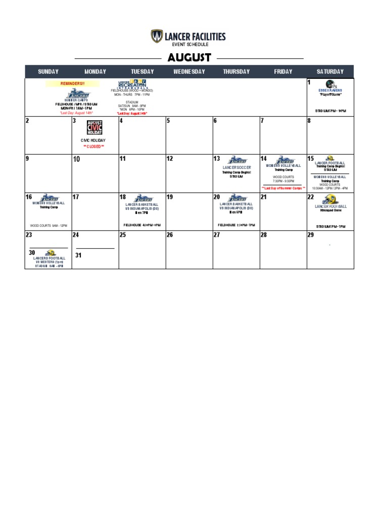 August Event Schedule and Reminders | PDF