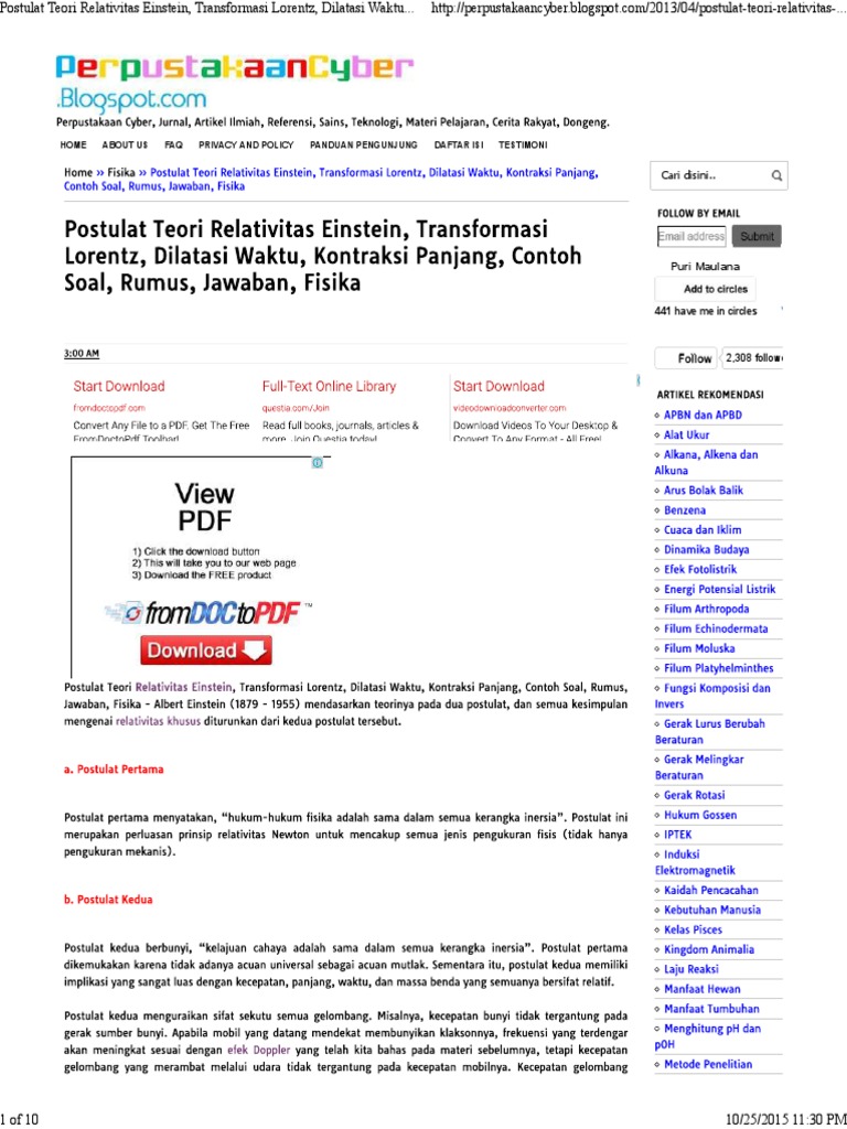 Postulat Teori Relativitas Einstein, Transformasi Lorentz ...