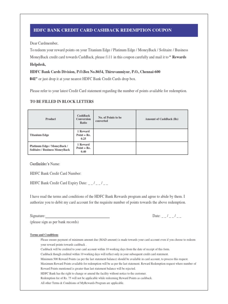 HDFC Credit Card Cashback Redemption Form | PDF