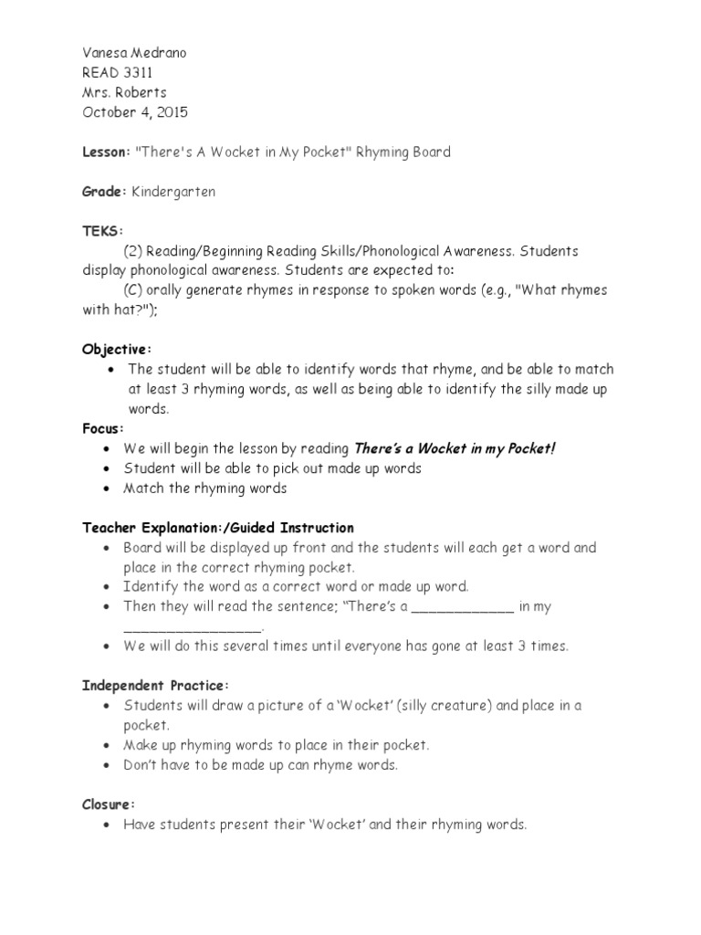 Kindergarten Rhyming Lesson Plan | PDF