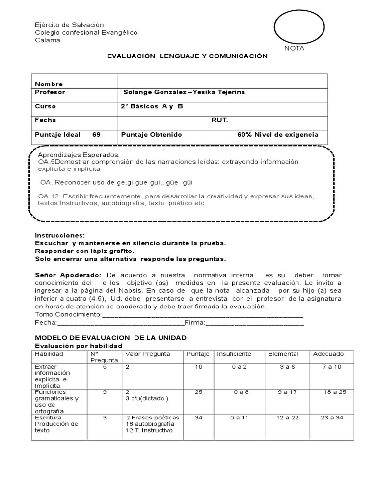 Prueba de Lenguaje 2° Básico | PDF