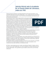 Discurso de Gabriela Mistral Ante La Academia Sueca Al Recibir El Premio Nobel de Literatura