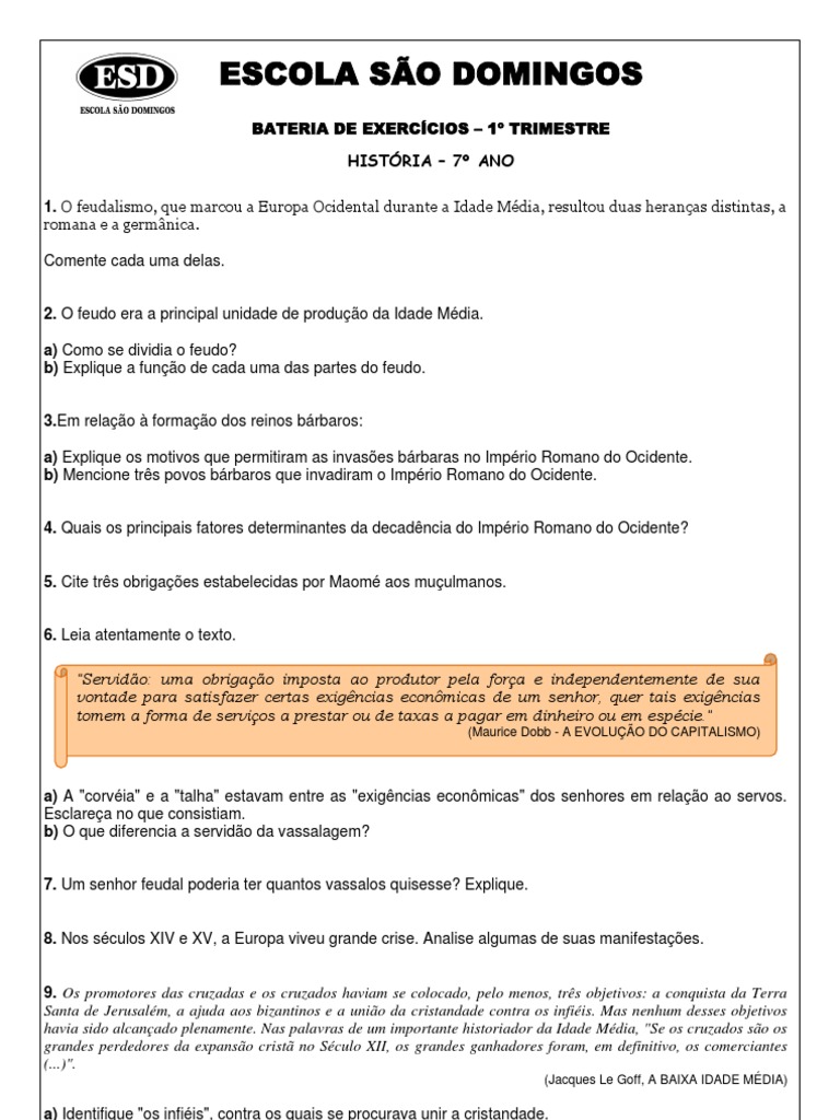 Prova De Historia 7 Ano 1 Bimestre Com Gabarito