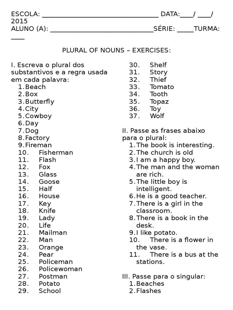 Plural Nouns Exercises for Beginners | PDF | Sports & Recreation | Home ...