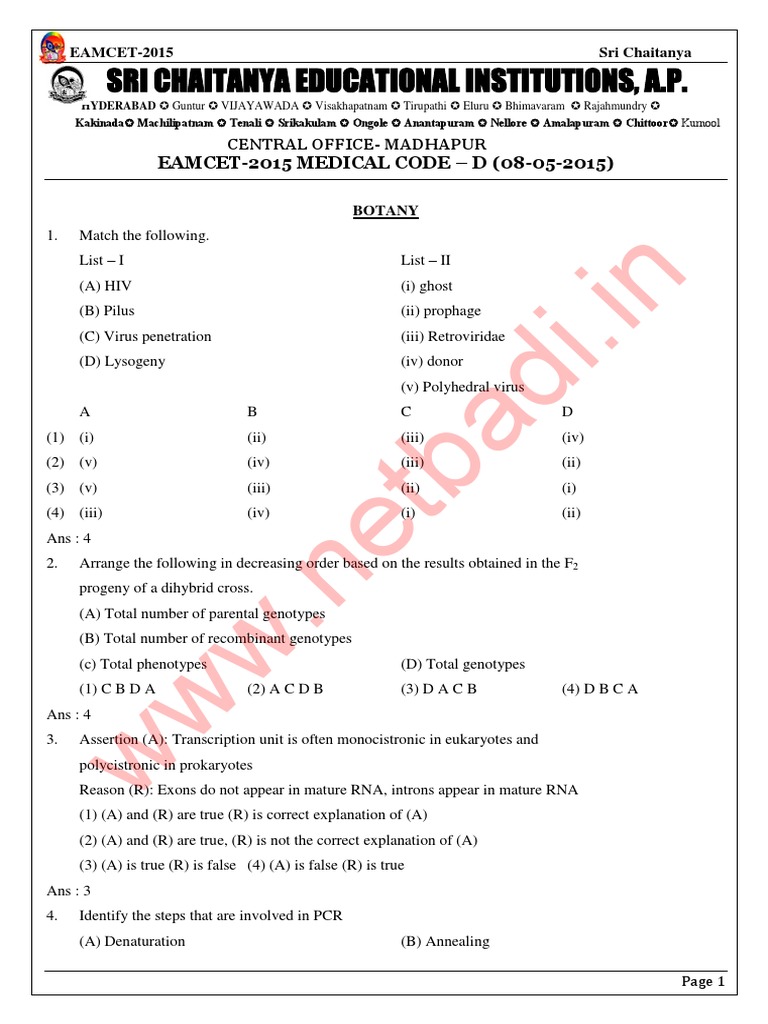 EAMCET Sample Paper-6 (AP Eamcet 2015 - Medical Question Paper