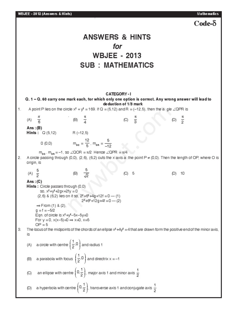 WBJEE Sample Paper 9 (Wbjee2013 Answers Hints Mathematics) | PDF ...