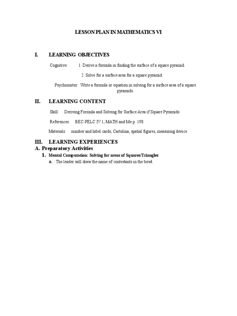Surface Area of Square Pyramids Lesson Plan | PDF | Teaching Methods ...