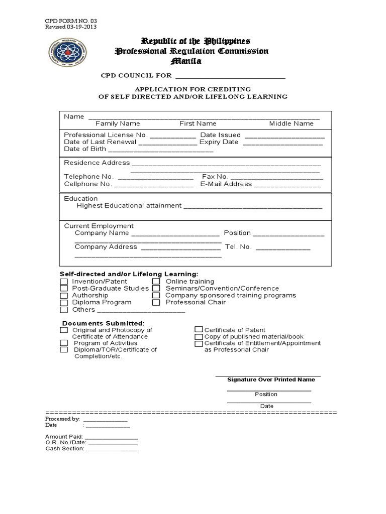 CPDFormNo03 Application For Crediting of Self-Directed And/or Lifelong ...