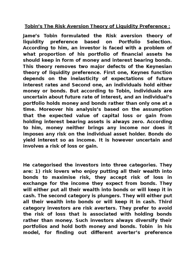 Tobin's Risk Aversion in Liquidity Preference | PDF | Demand For Money ...
