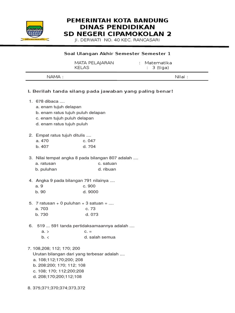 Soal Ulangan Matematika Kelas 3 SD | PDF | Metode & Bahan Ajar | Seni