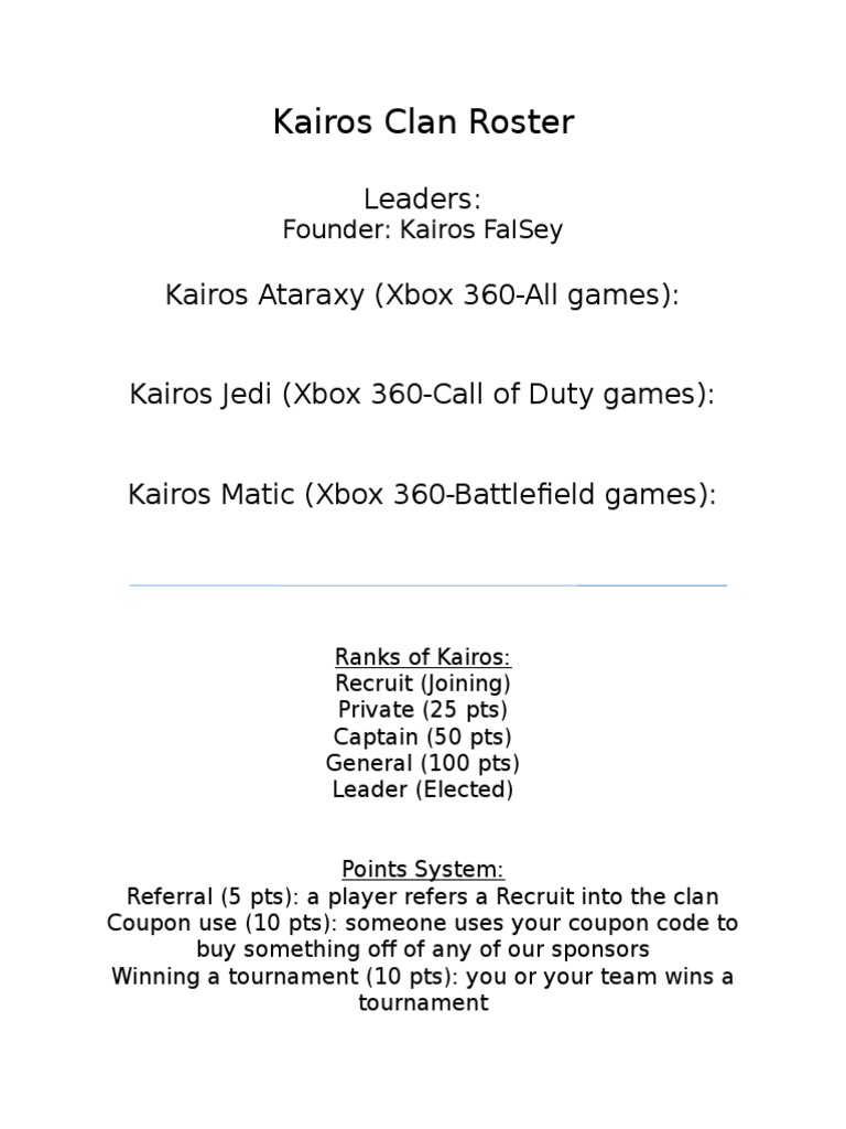 Kairos Clan Roster and Ranking System | PDF