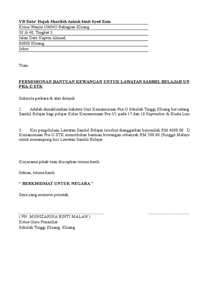 Contoh Surat Mintak Bantuan Kewangan