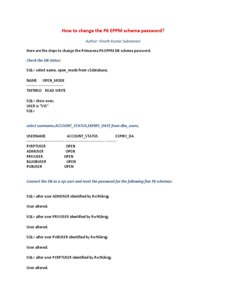 How To Change The P6 EPPM Schema Password Password User Computing 