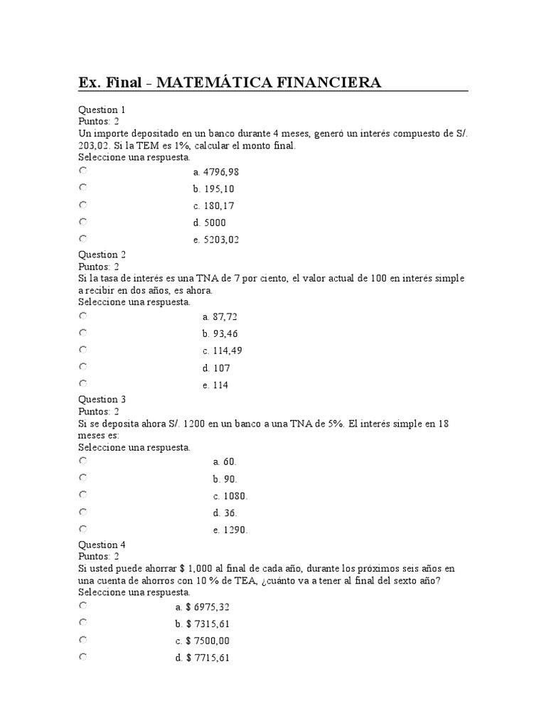 Examen Final Matematica Financiera | PDF
