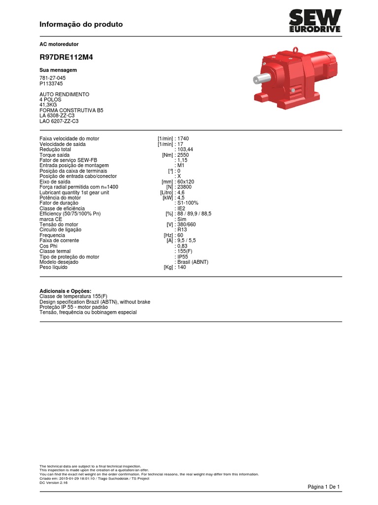 Data Sheet Motoredutor R97DRE112M4 SEW