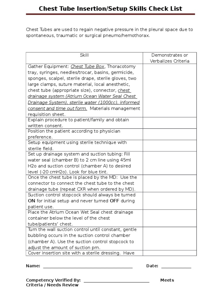 Chest Tube Insertion Skills Checklist | PDF