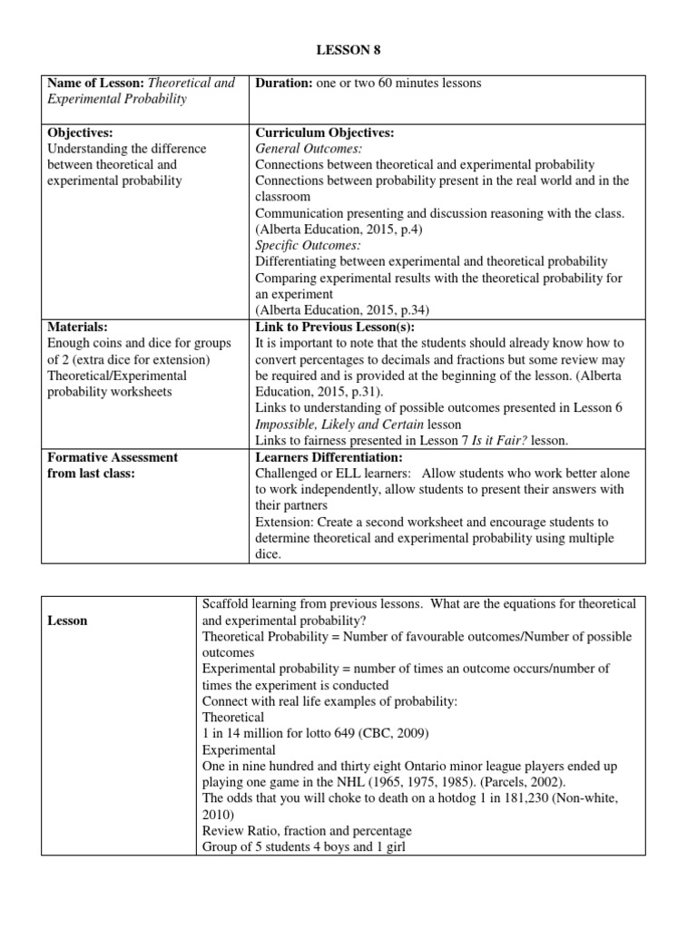 Experimental Probability: Lesson 8 Name of Lesson: Theoretical and