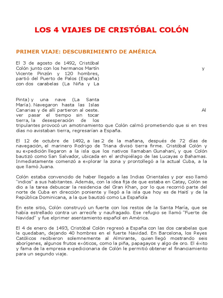 Los 4 Viajes de Cristóbal Colón | PDF | Cristobal colon | Exploración ...