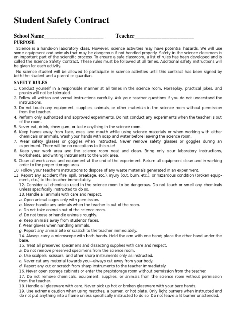 Student Safety Contract PDF Laboratories Classroom