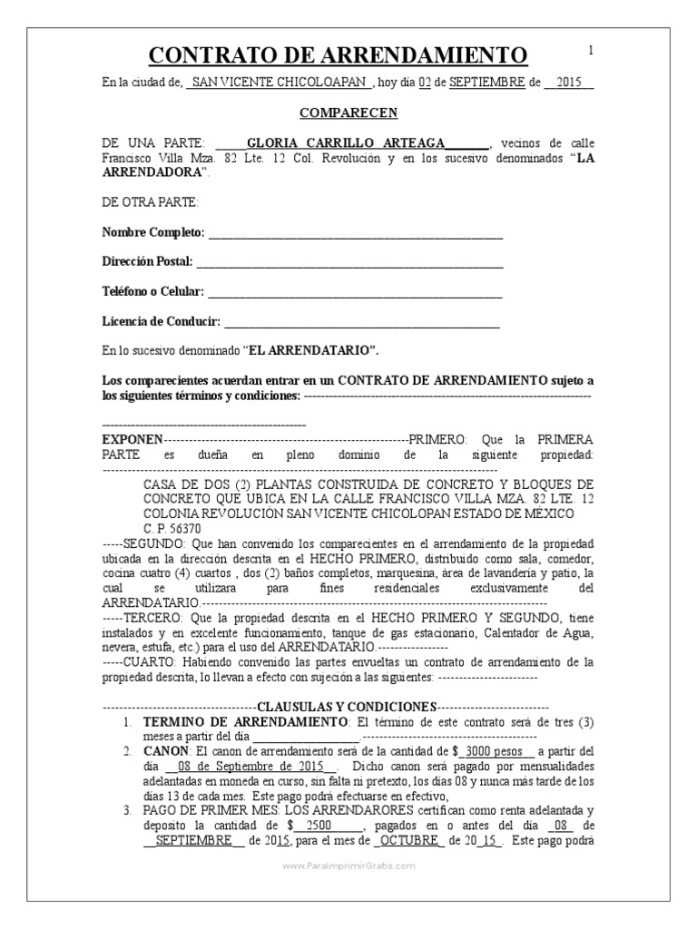 Contrato de Arrendamiento Propiedad Pagos