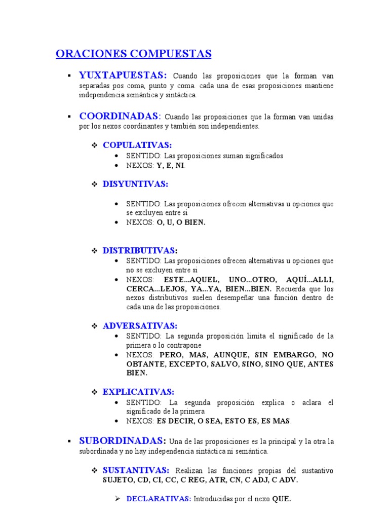 Tipos de Oraciones Compuestas en Español | PDF | Adverbio | Morfología ...