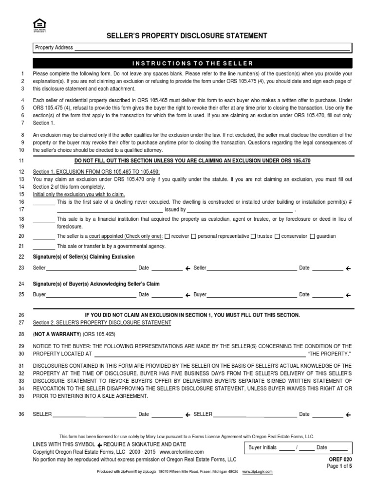 Oregon property disclosure form Law Of Agency Sales