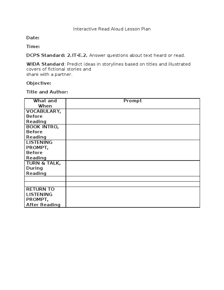 interactive read aloud lesson plan template