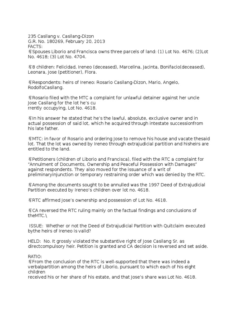 SC Rules in Favor of Jose Casilang in Land Dispute with Heirs of Ireneo