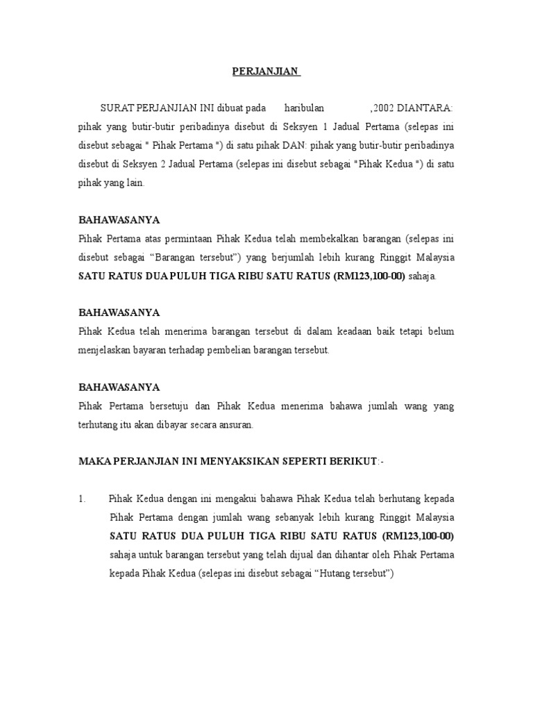 Contoh Surat Perjanjian Bayaran Balik Hutang Malaysia