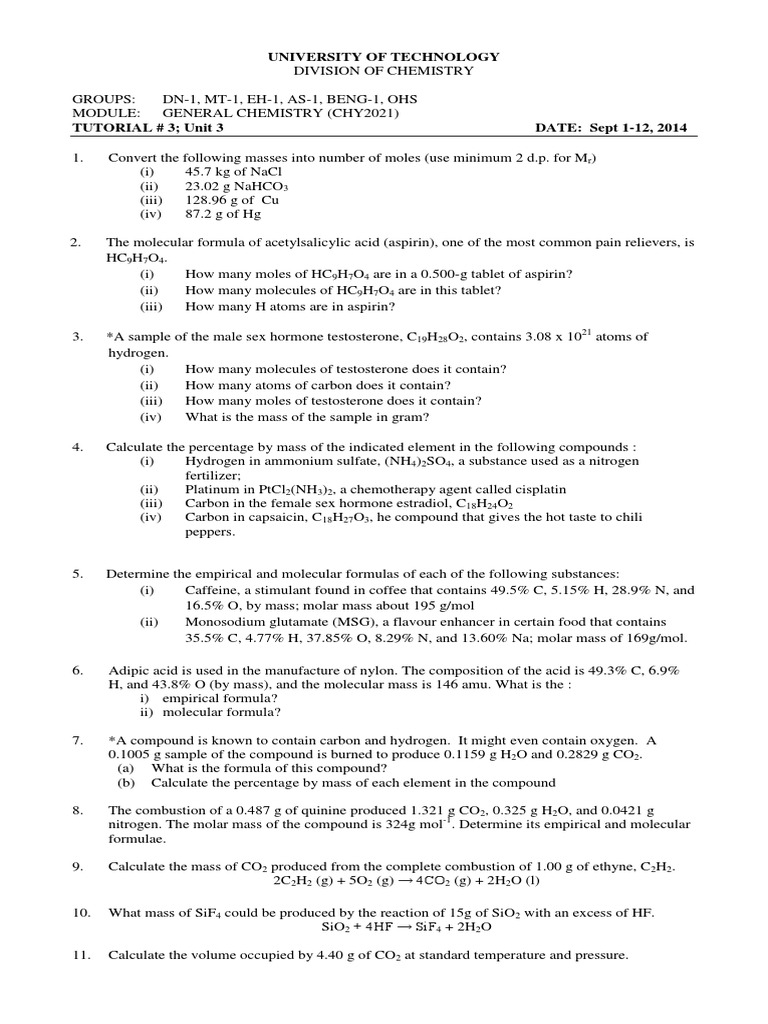Mole Calculations and Conversions Worksheet | PDF | Molar Concentration ...