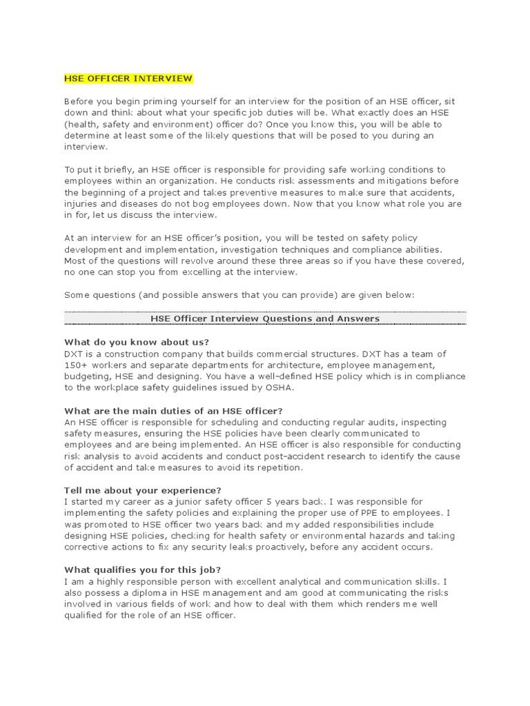 HSE Officer Interview Preparation Guide | PDF | Safety | Occupational ...