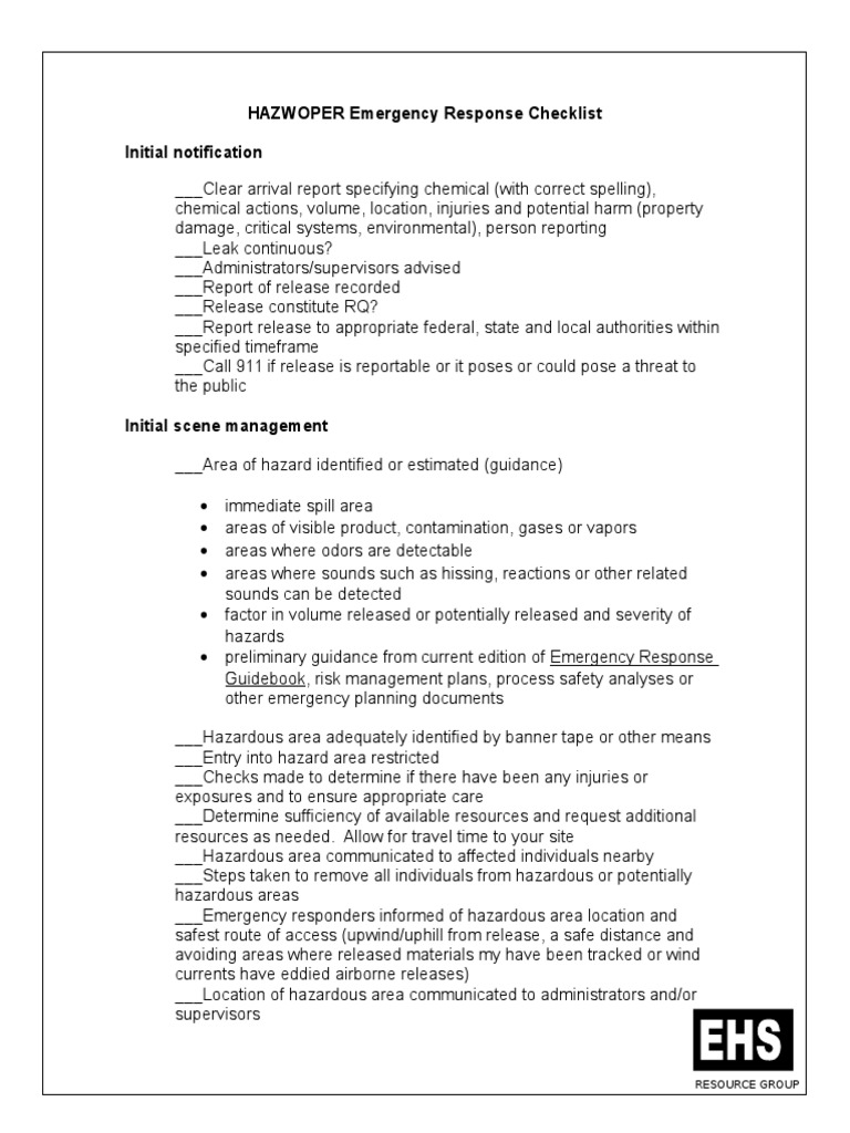 HAZWOPER Emergency Response Checklist | PDF | Personal Protective ...