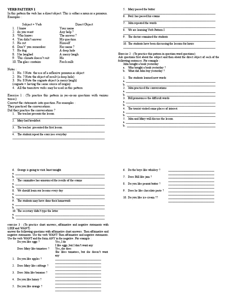 Exercises in Verb Pattern | Verb | Question