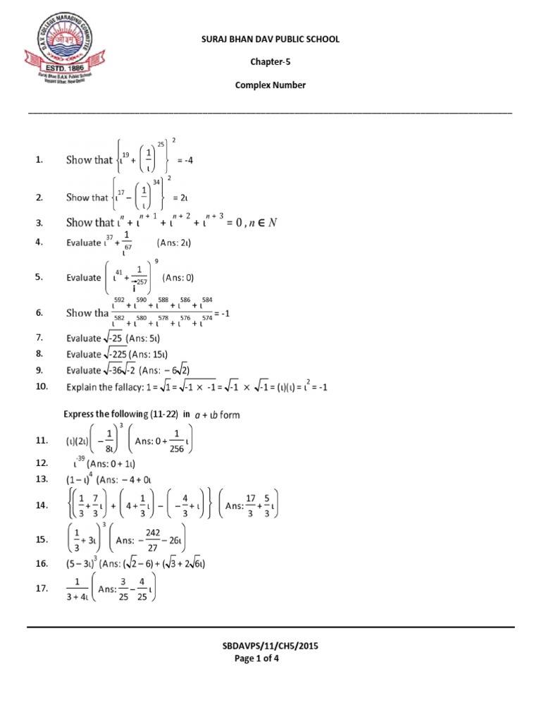 Complex Numbers - Chapter 5 Worksheet | PDF