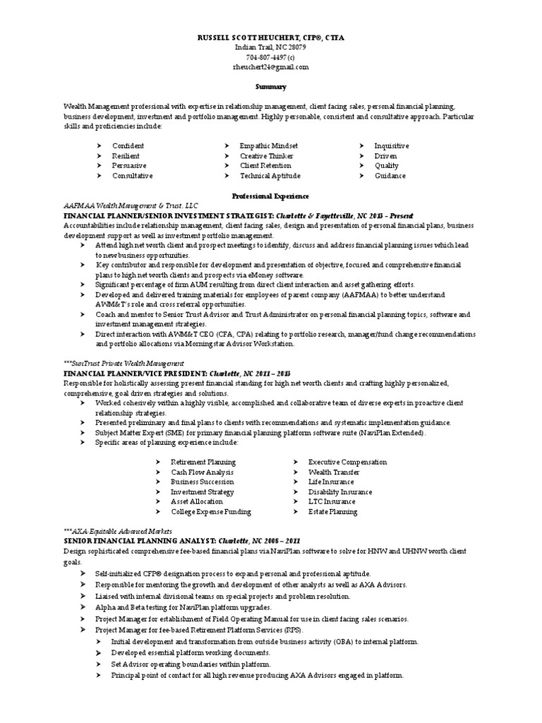 Senior Certified Financial Planner in Charlotte NC Resume Russell