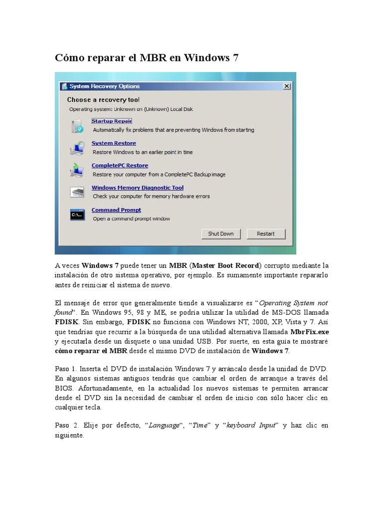 Cómo Reparar El MBR en Windows 7 | PDF | Juegos y actividades | Informática