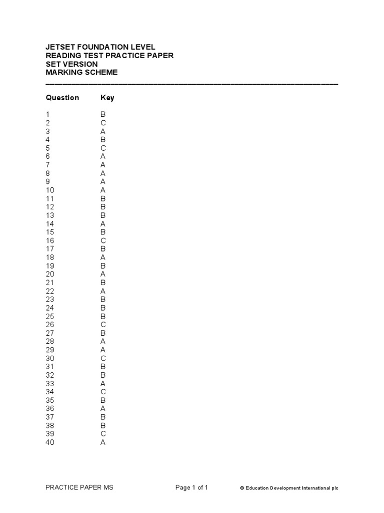 Jetset Foundation Level Reading Test Practice Paper Set Version Marking ...