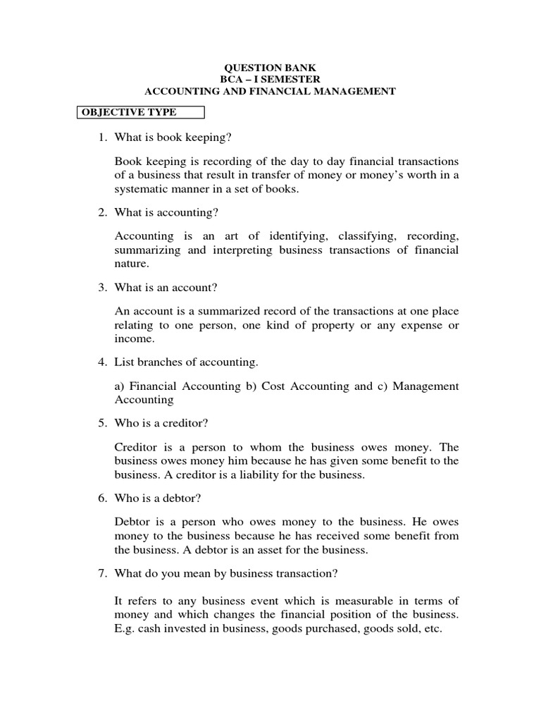 Question Bank and Answers Debits And Credits Bookkeeping
