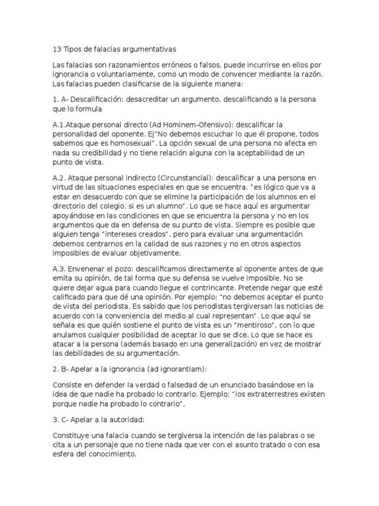 13 Tipos De Falacias Argumentativas Pdf Falacia Metodología