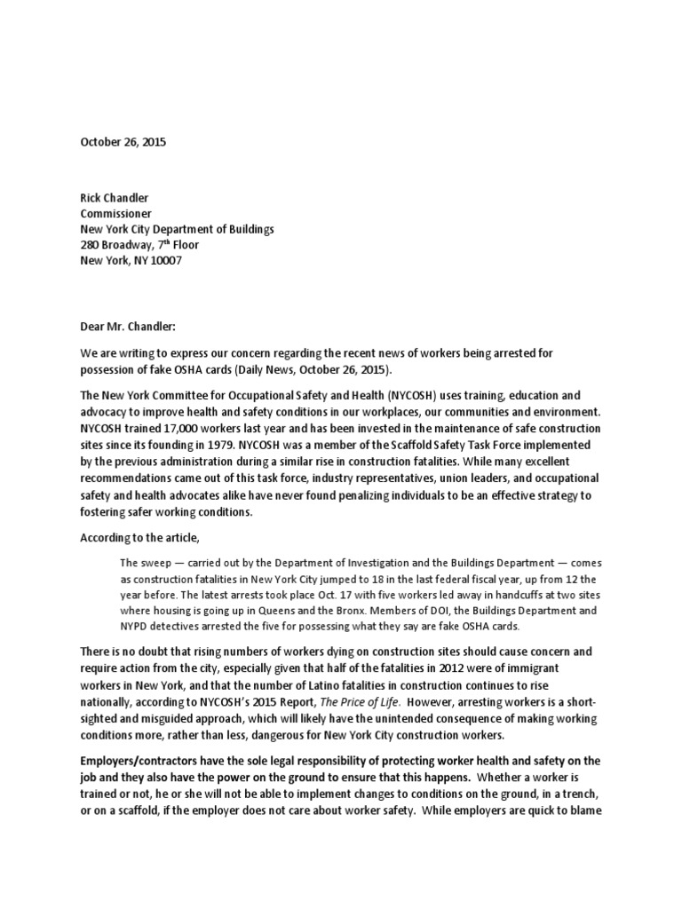 NYCOSH Letter to DOB Re: OSHA Card Arrests 10262015 | Occupational ...