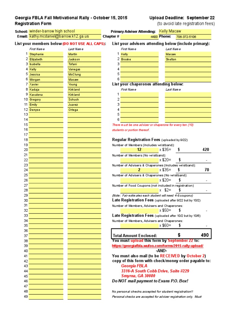 Georgia FBLA Fall Rally Registration 2015 | PDF