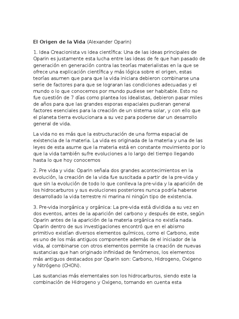 El Origen de La Vida y La Seleccion Natural | PDF | Vida | Abiogénesis