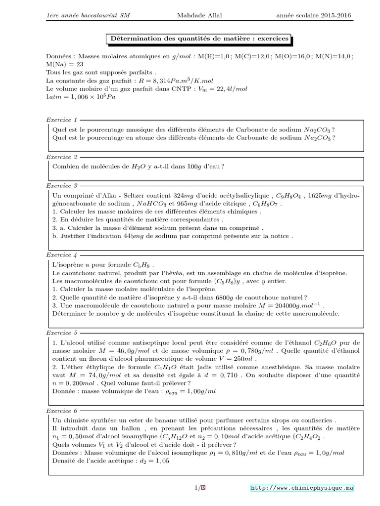 Calculs de masse molaire et pourcentage massique | PDF | Concentration ...