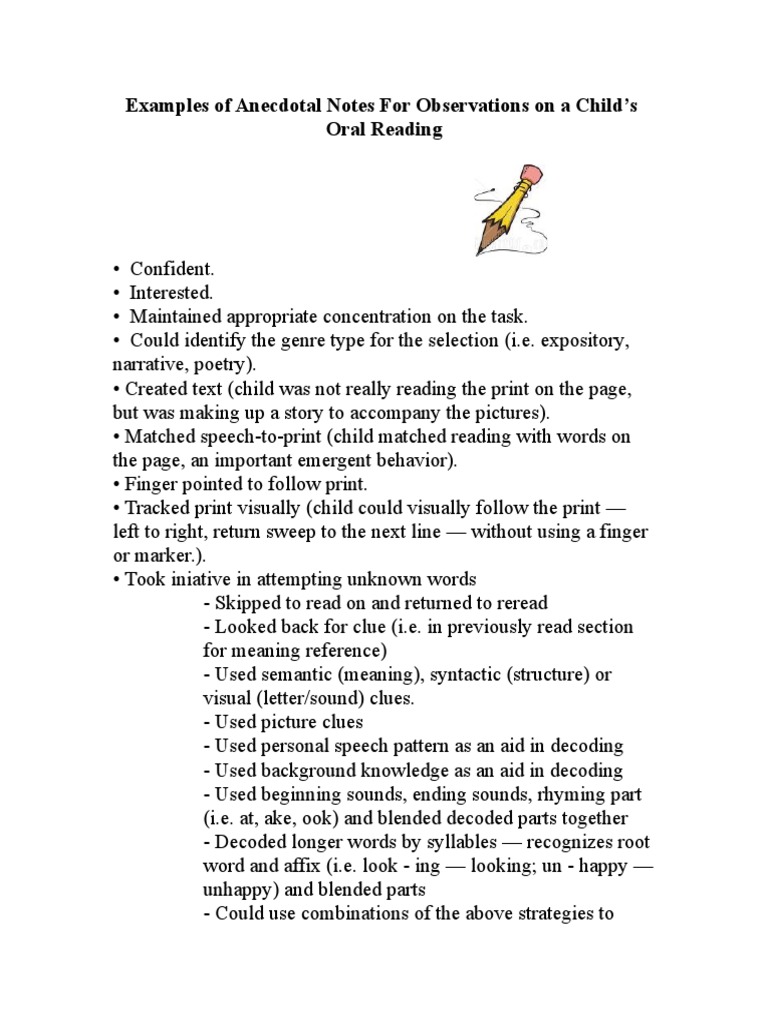 Anecdotal Notes on Child's Reading Skills | PDF | Language Arts ...