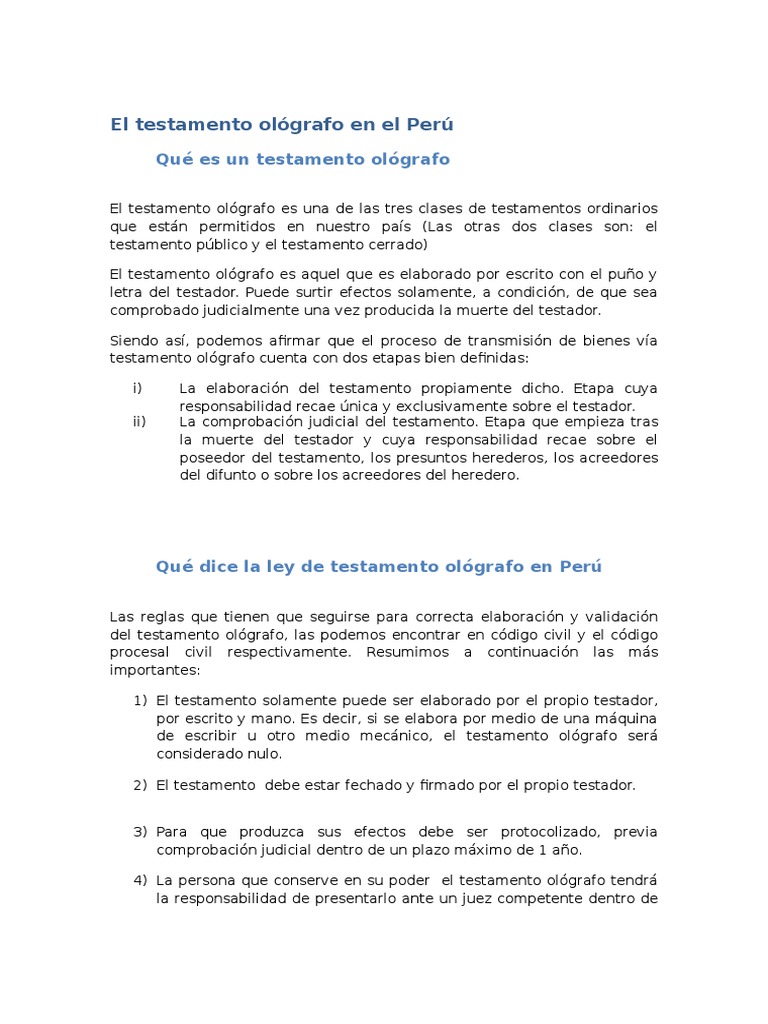 El Testamento Ológrafo en El Perú | PDF | Voluntad y testamento |  Documentos legales