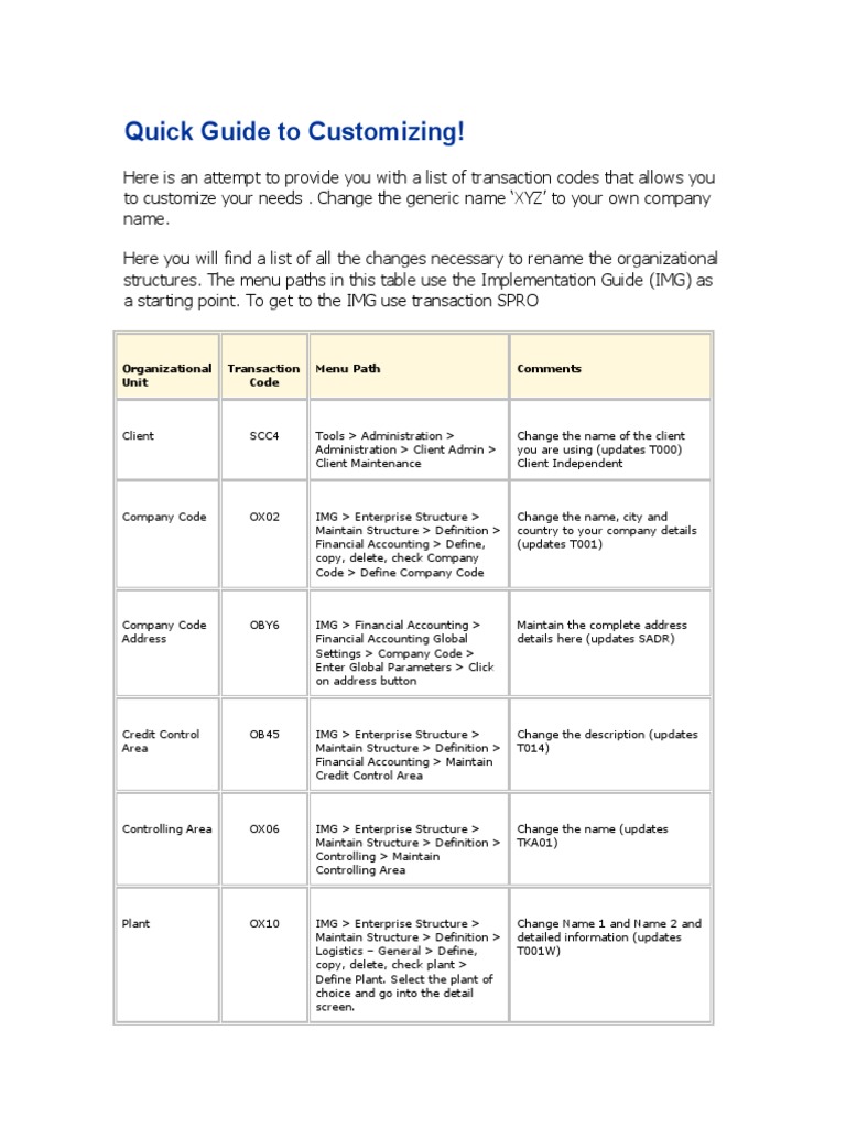SAP Customization Transaction Codes Guide | PDF | Software Engineering ...