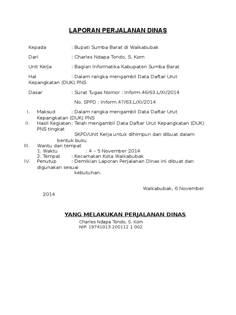 Contoh Laporan Perjalanan Dinas